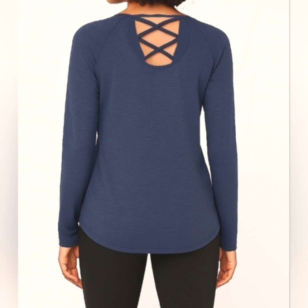 Apana Long SleeveTee Shirt Lattice Back Heathered Blue Medium